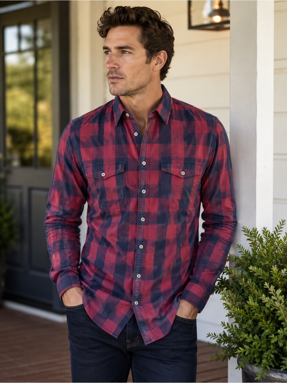 Thomas Pink Red Blue Buffalo Plaid Cotton Button Down Shirt Medium